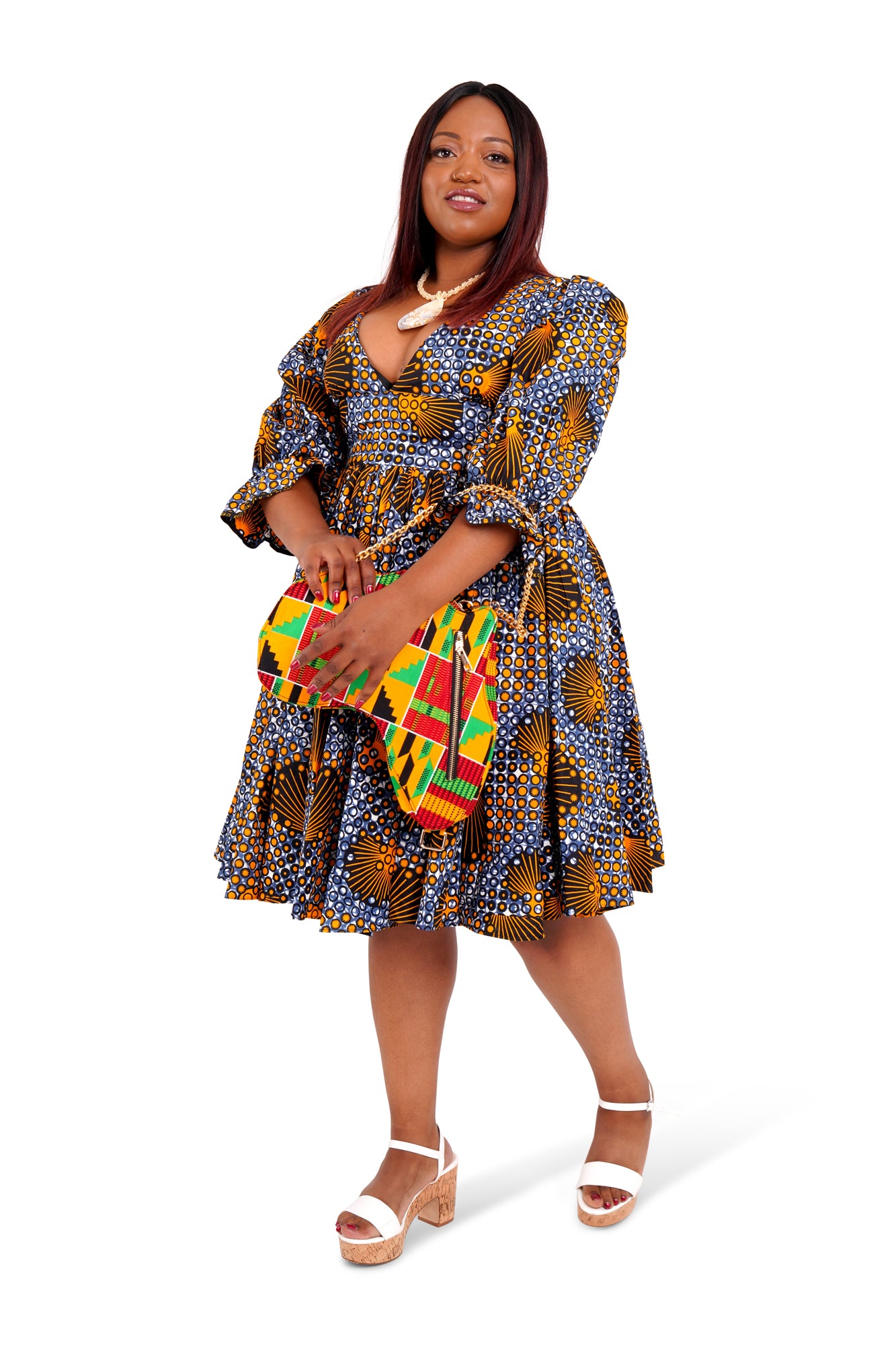 Long-Sleeved African Wax Print Midi Dress