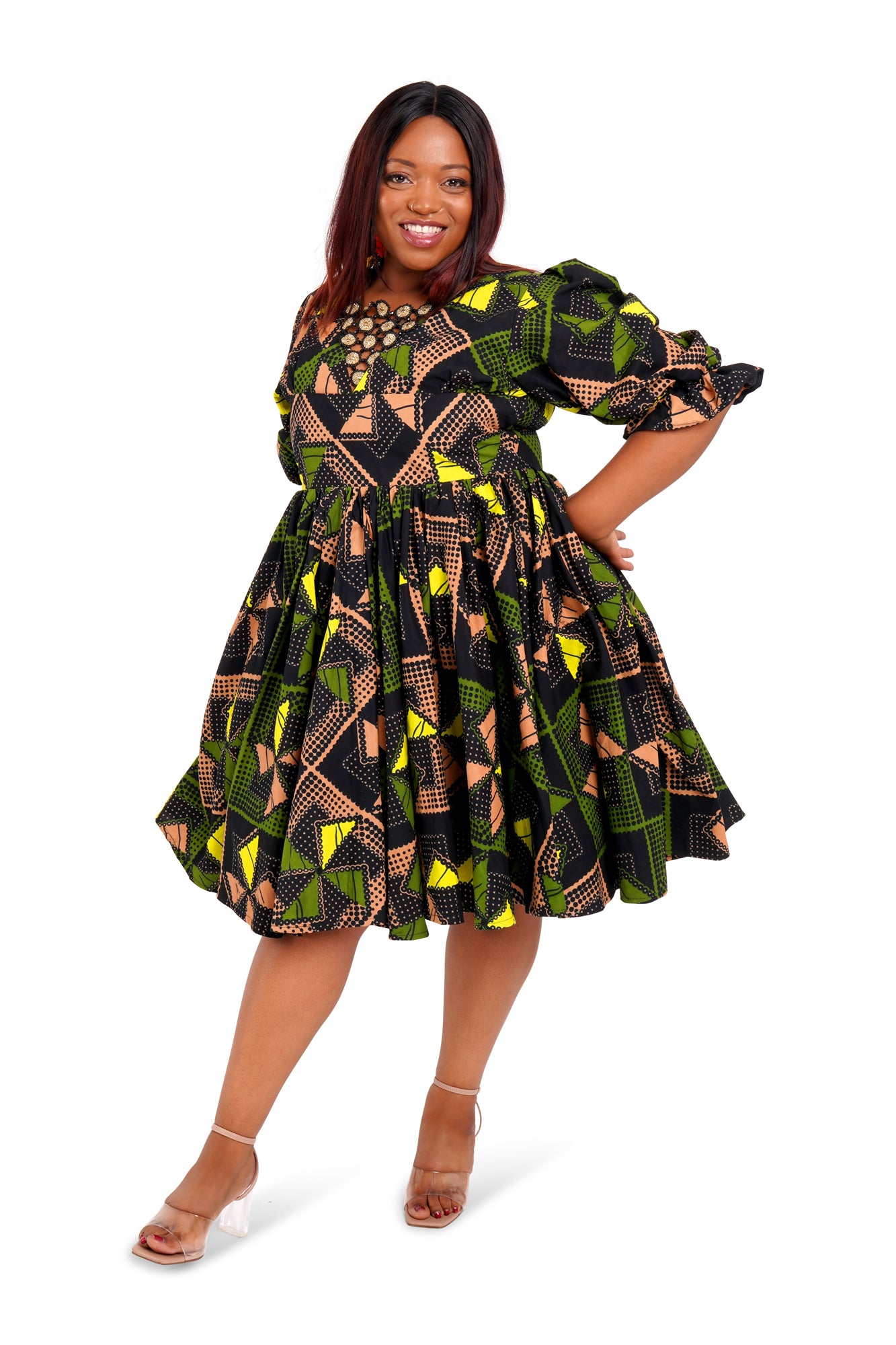 Long-Sleeved African Wax Print Midi Dress