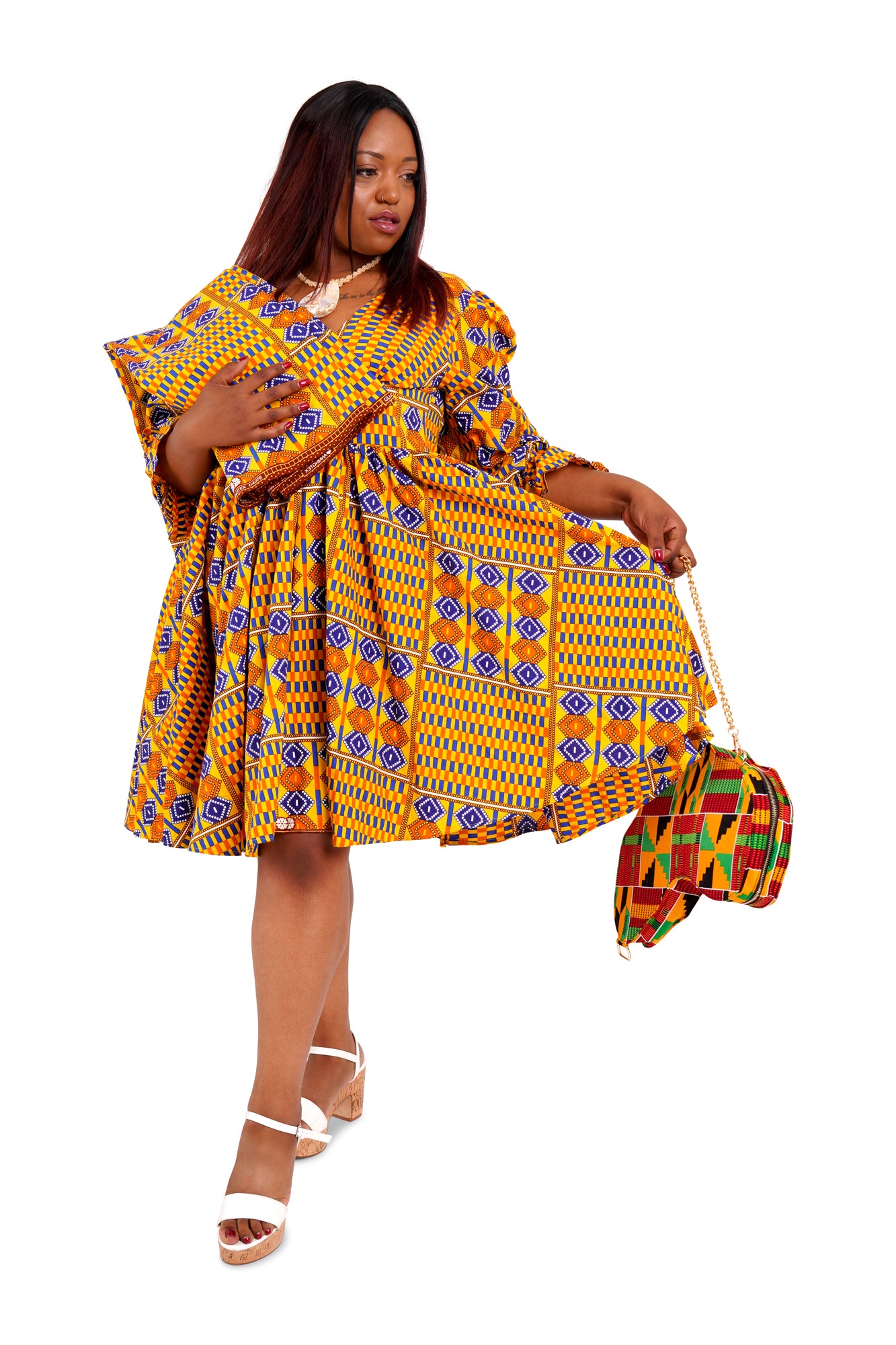 Long-Sleeved African Wax Print Midi Dress