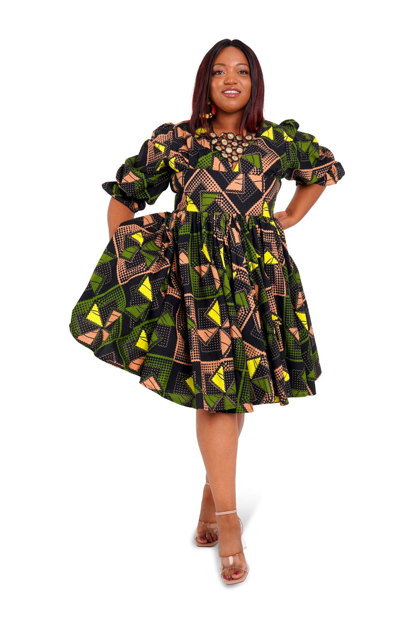 Long-Sleeved African Wax Print Midi Dress